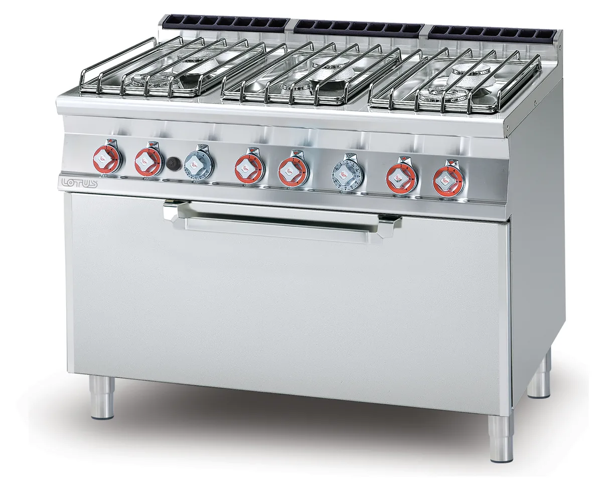 Cocina Lotus de 6 quemadores a gas con horno, en acero inoxidable