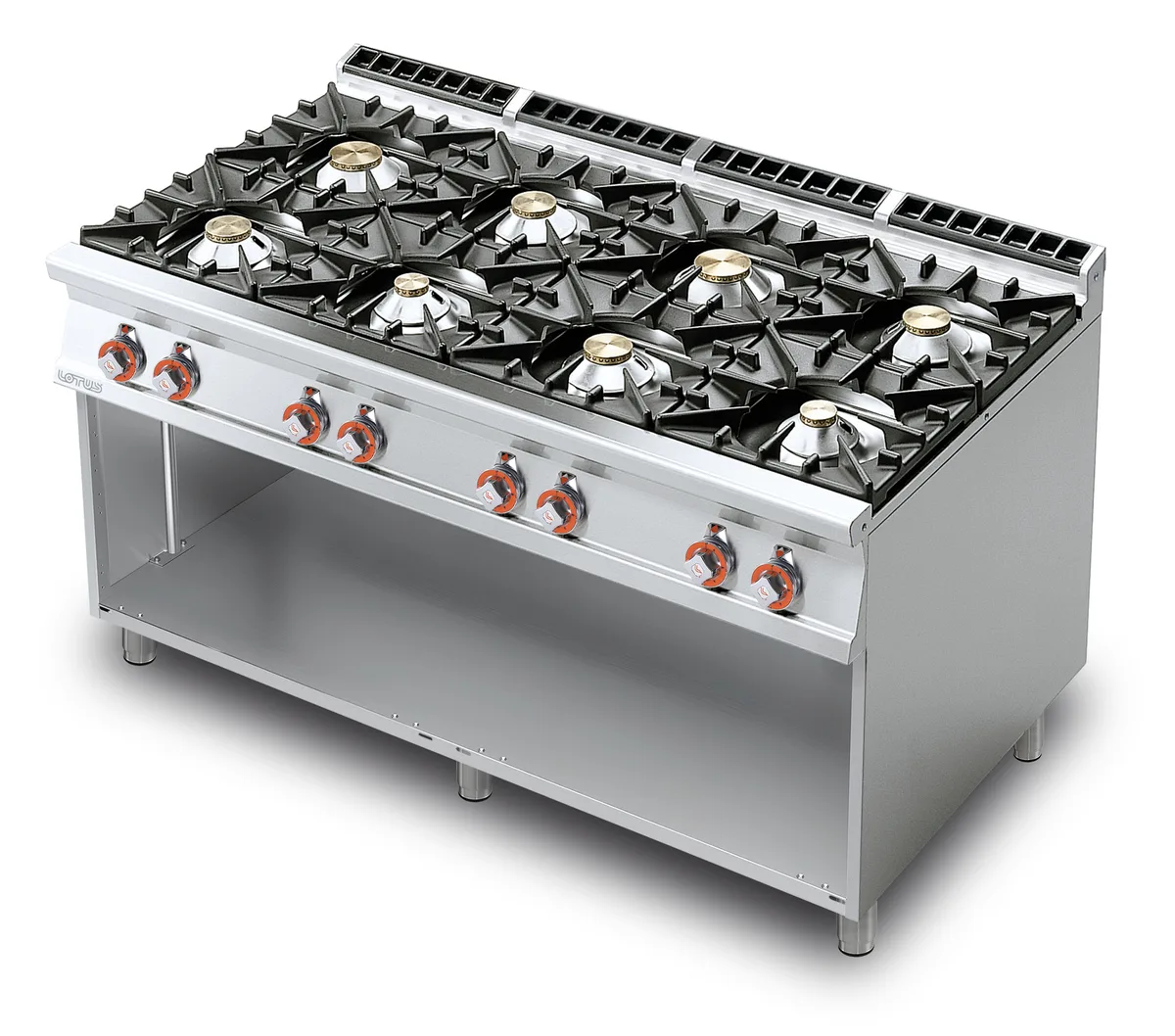 Cocina Lotus de 8 quemadores a gas sobre base abierta